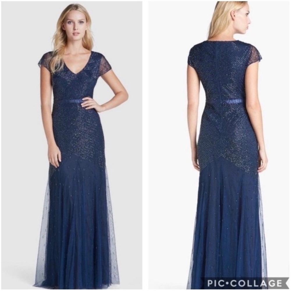 New $318 Adrianna Papell‎ Cap Sleeve Beaded Mesh Gown Maxi MOB Navy Blue 2 S